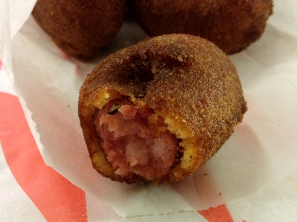 corn puppies battered french sausage at meat market