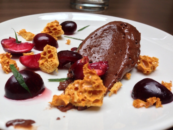chocolate mousse with cherries and honeycomb at picture great portland street