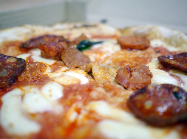 close up of chorizo pizza from franco manca
