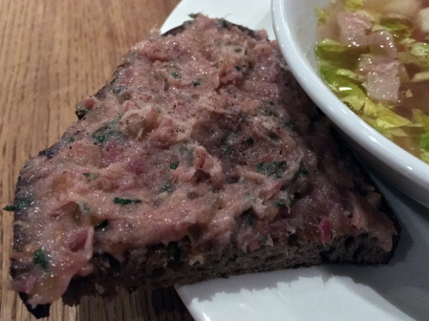 meaty spread toast with smoked eel broth at pitt cue